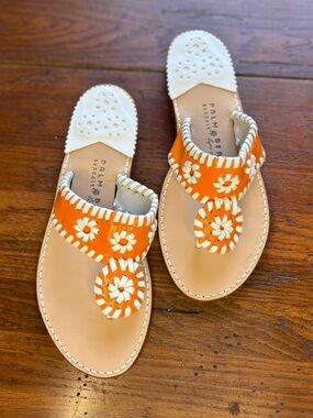 Palm Beach Sandals Orange & White floral size 7 EUC WORN ONCE